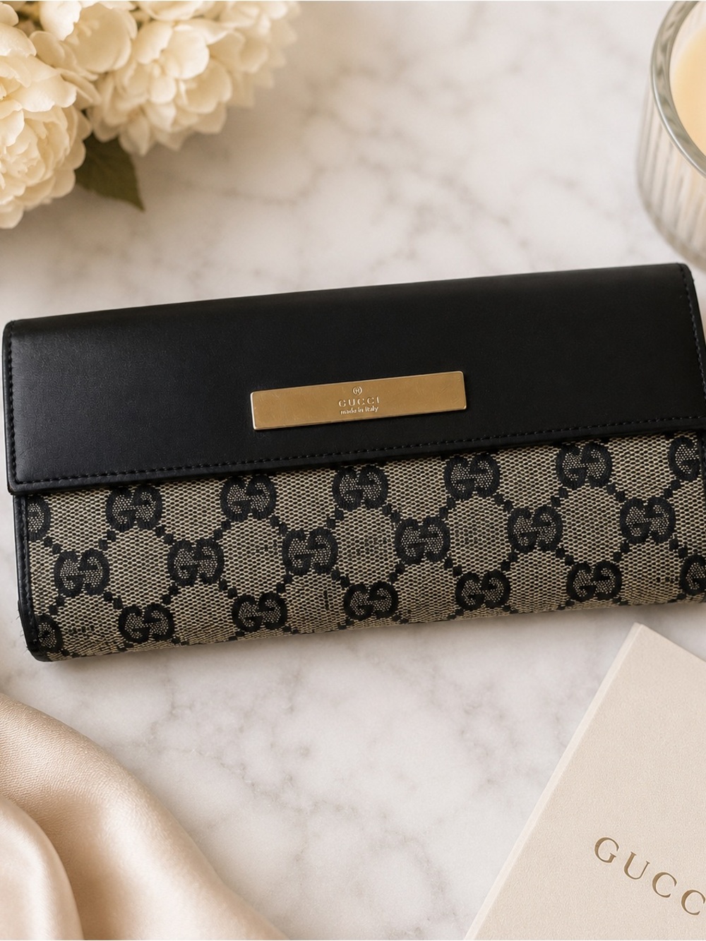 🖤Gucci GG Canvas Continental Wallet Black Leather Trim Long Wallet🖤
